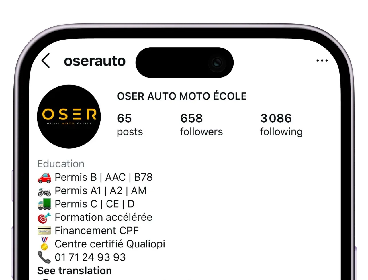 Profil Instagram d'OSER Auto Moto École